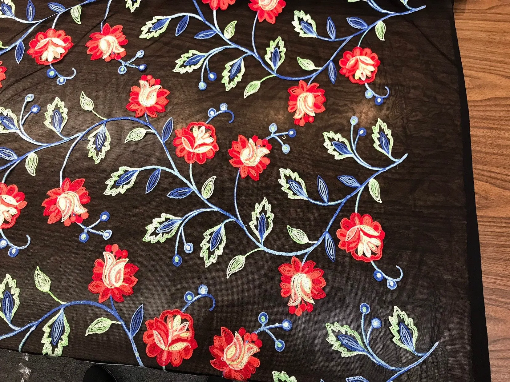 Red Multi Color Floral Design Embroidery on Black Mesh Lace-Dresses-prom-nightgown-Sold by the yard
