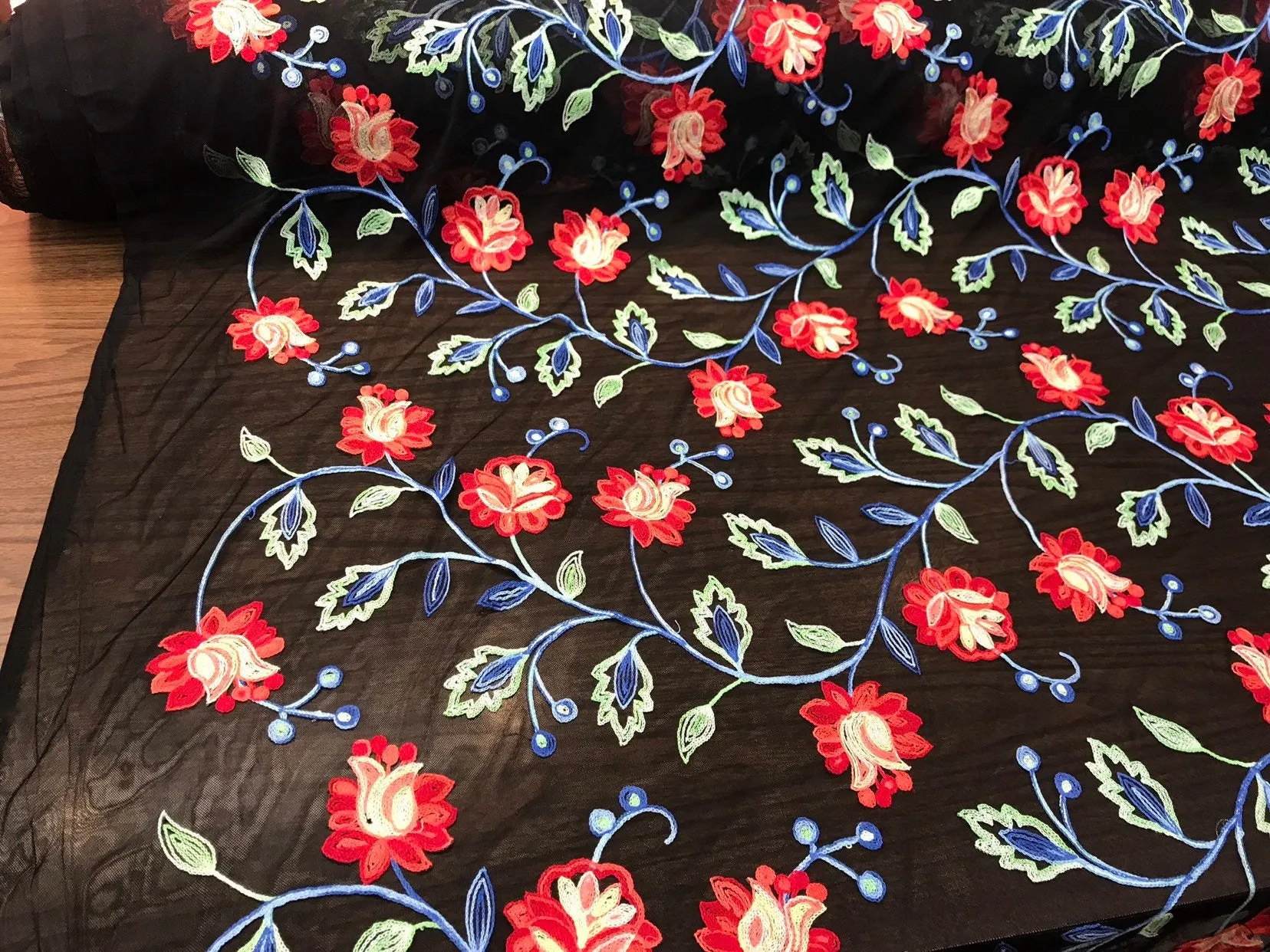 Red Multi Color Floral Design Embroidery on Black Mesh Lace-Dresses-prom-nightgown-Sold by the yard