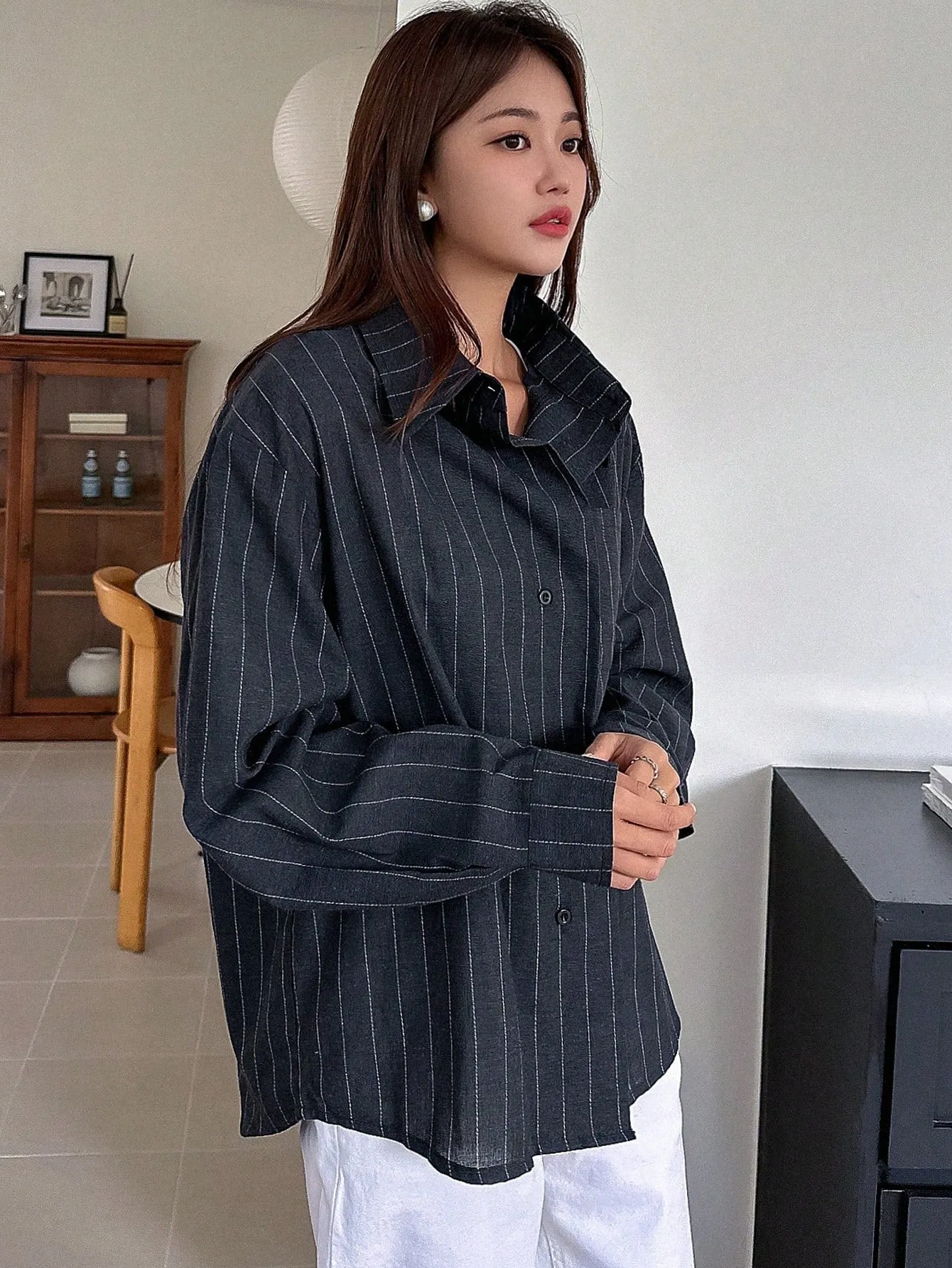 Shein DAZY Women's Casual Business Long Sleeve Striped Loose Shirt