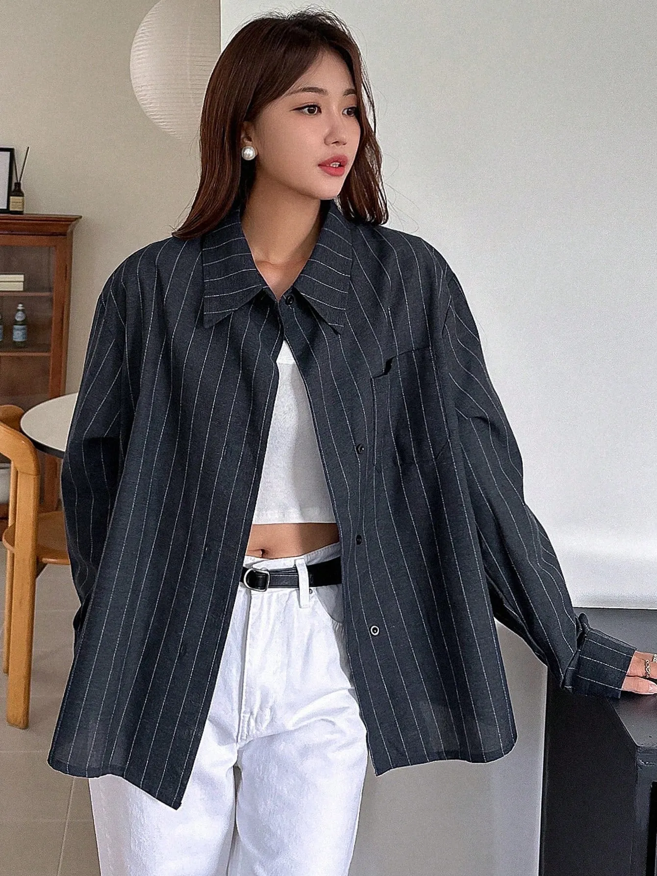 Shein DAZY Women's Casual Business Long Sleeve Striped Loose Shirt