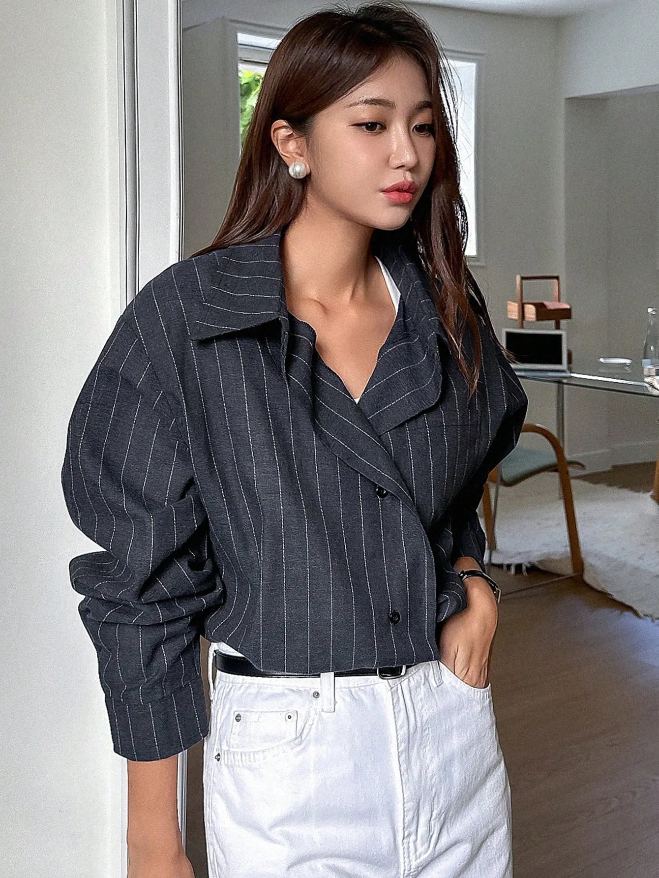 Shein DAZY Women's Casual Business Long Sleeve Striped Loose Shirt