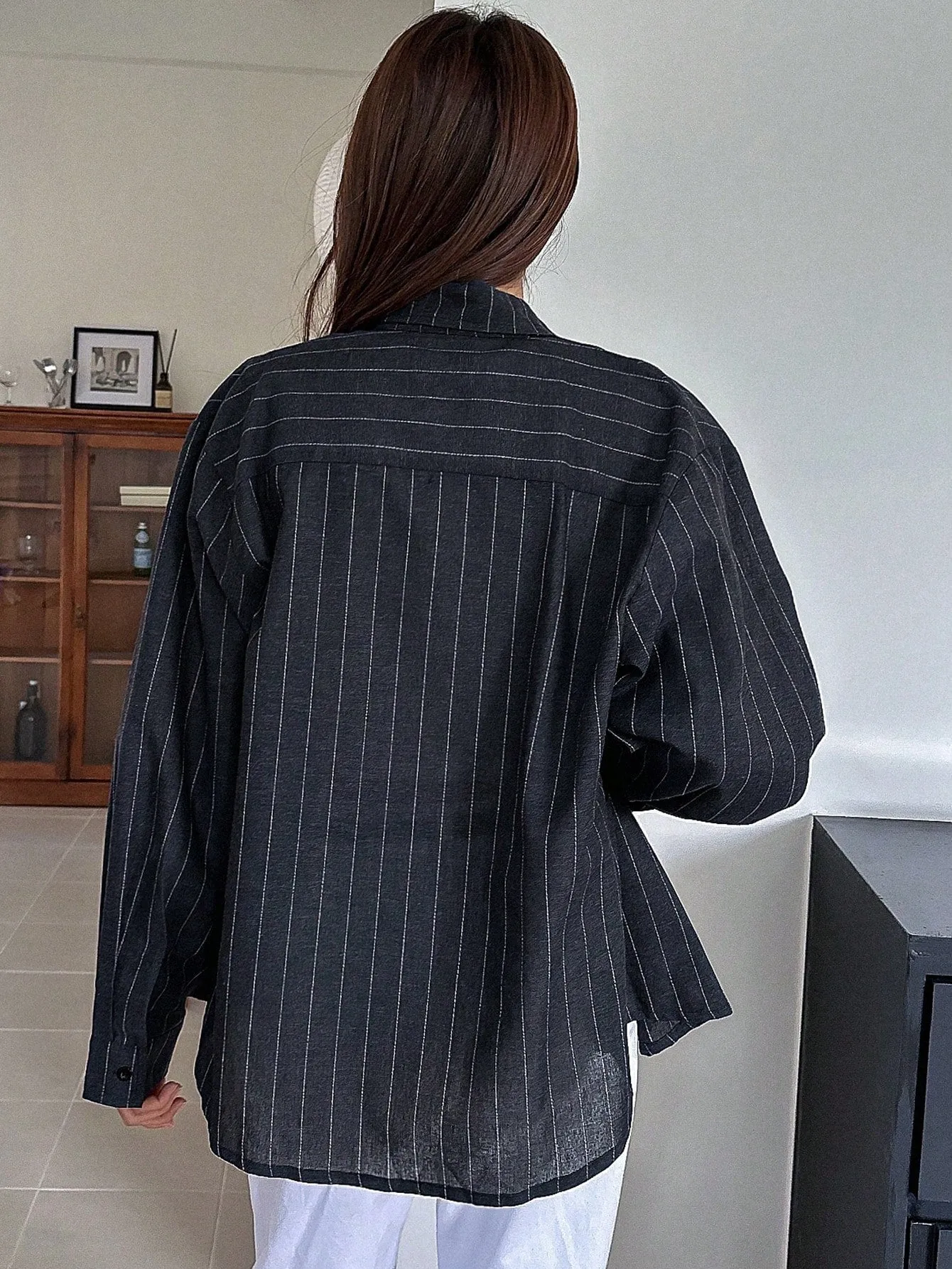 Shein DAZY Women's Casual Business Long Sleeve Striped Loose Shirt