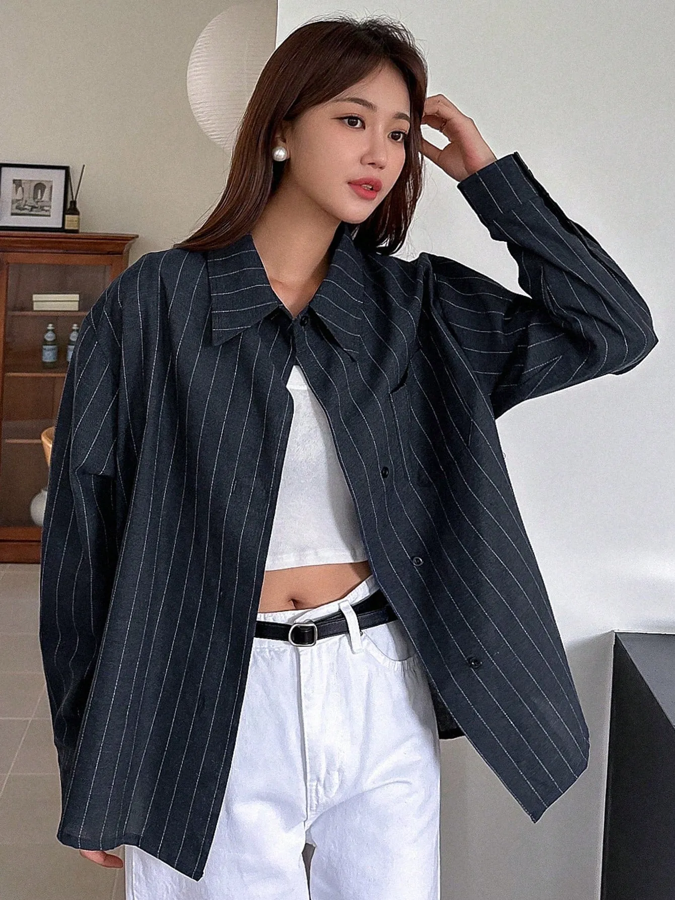 Shein DAZY Women's Casual Business Long Sleeve Striped Loose Shirt