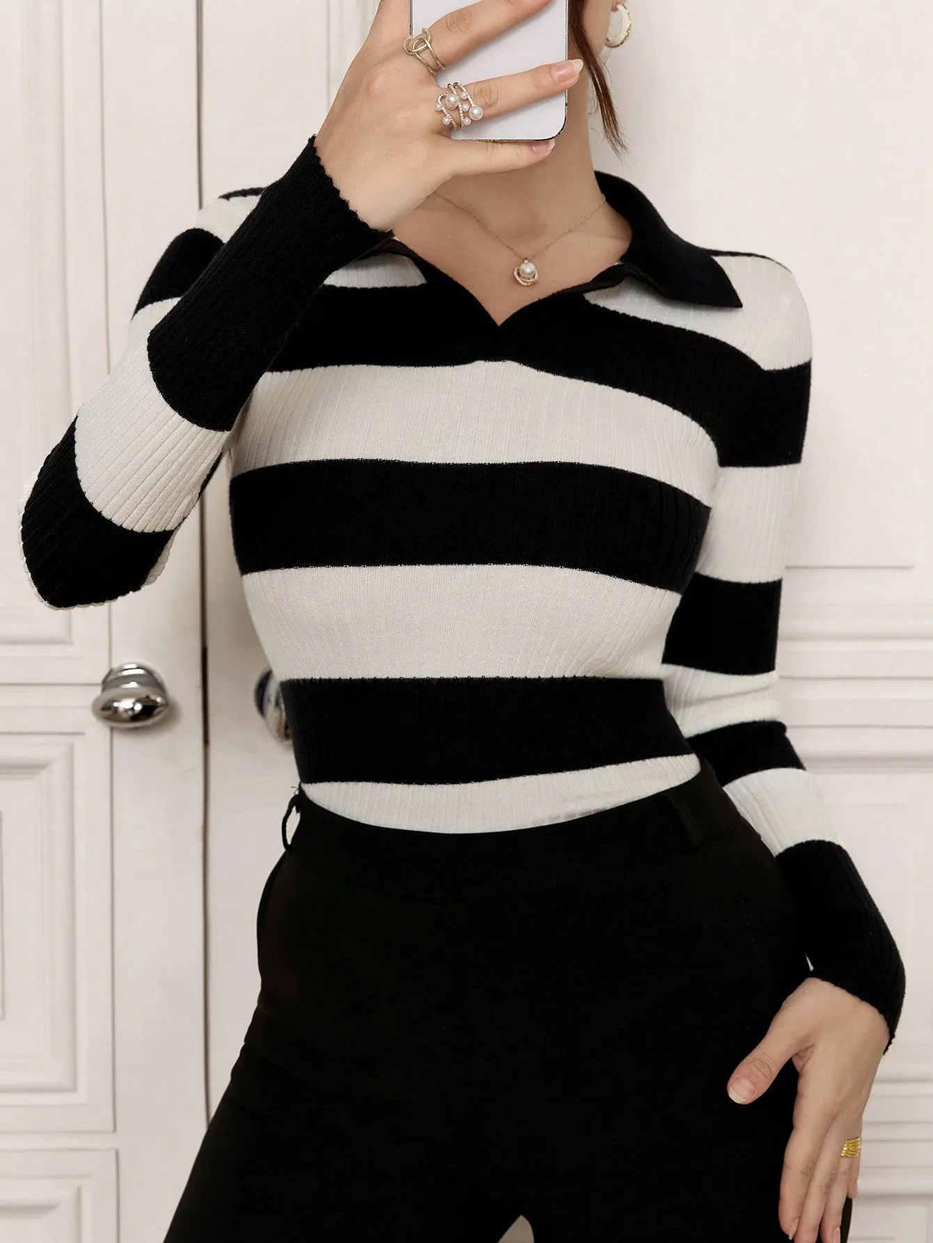 SHEIN Mulvari Women Striped Print Casual Long Sleeve Pullover Sweater