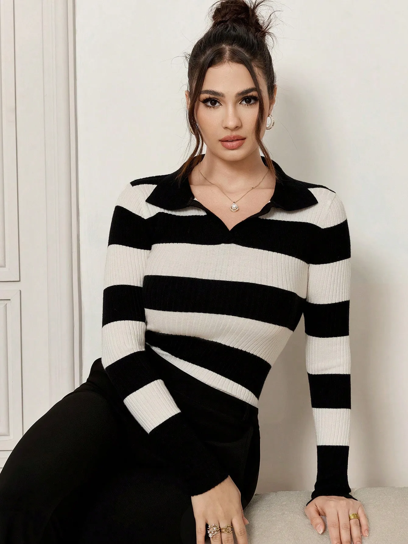 SHEIN Mulvari Women Striped Print Casual Long Sleeve Pullover Sweater