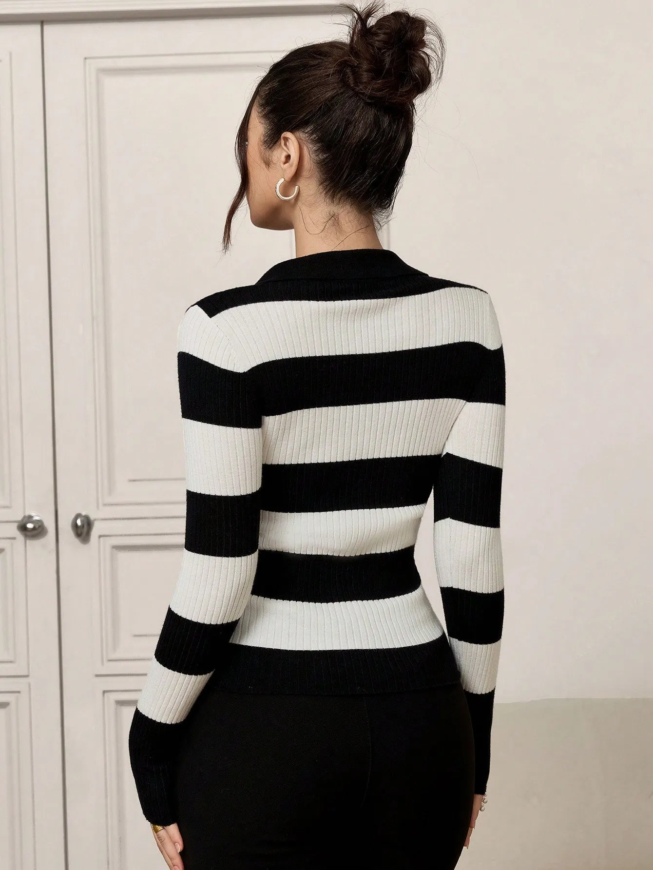SHEIN Mulvari Women Striped Print Casual Long Sleeve Pullover Sweater