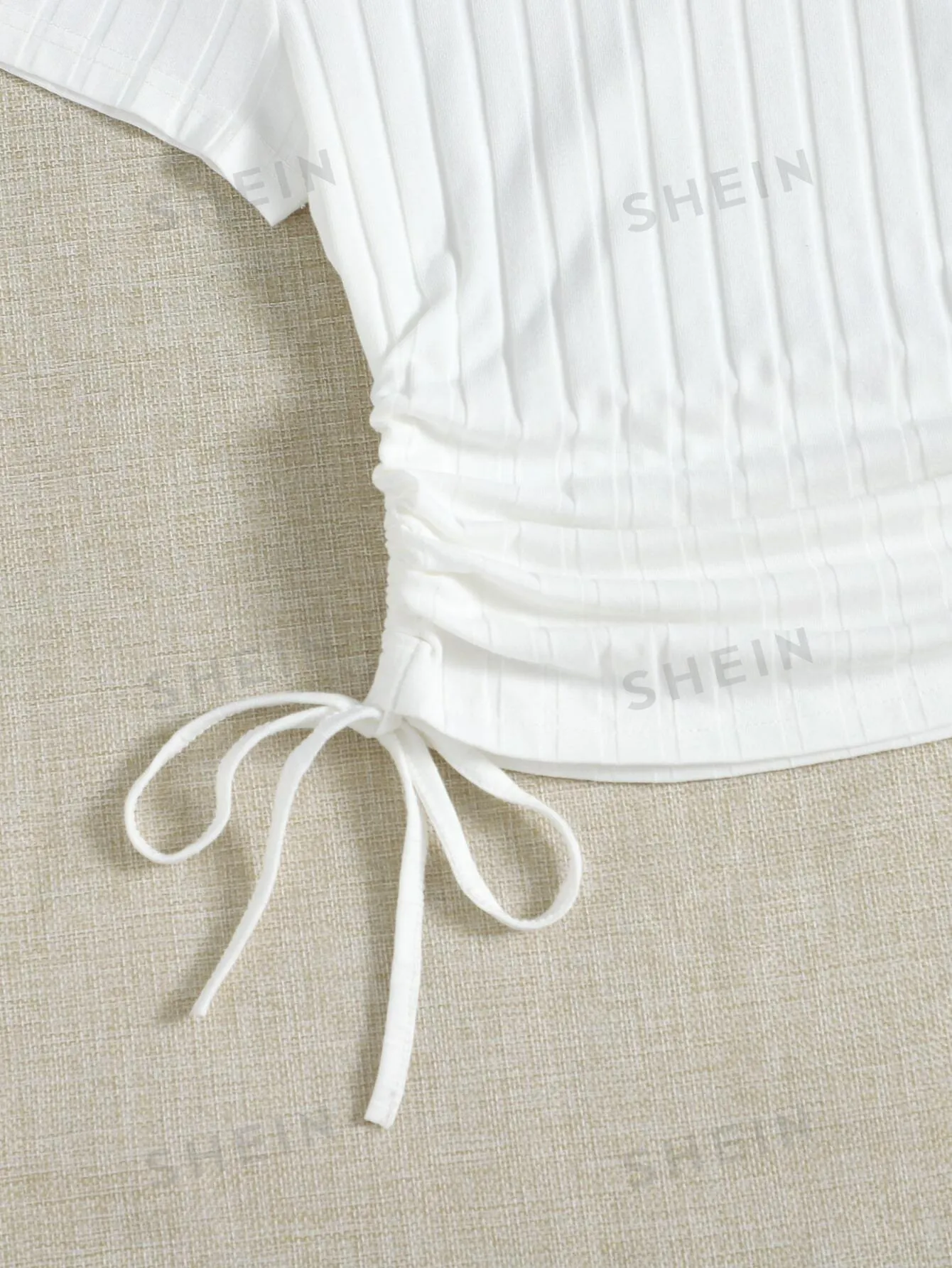 SHEIN Round Neck Short Sleeves Drawstring Ruched Side Rib-Knit Tee