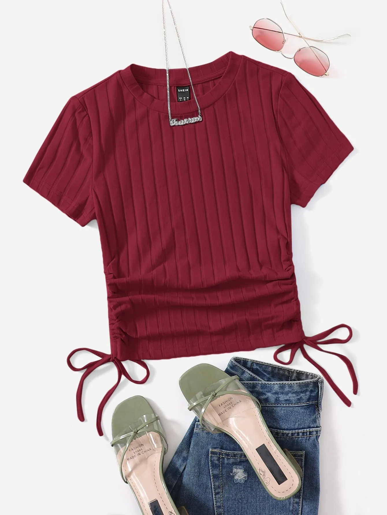 SHEIN Round Neck Short Sleeves Drawstring Ruched Side Rib-Knit Tee