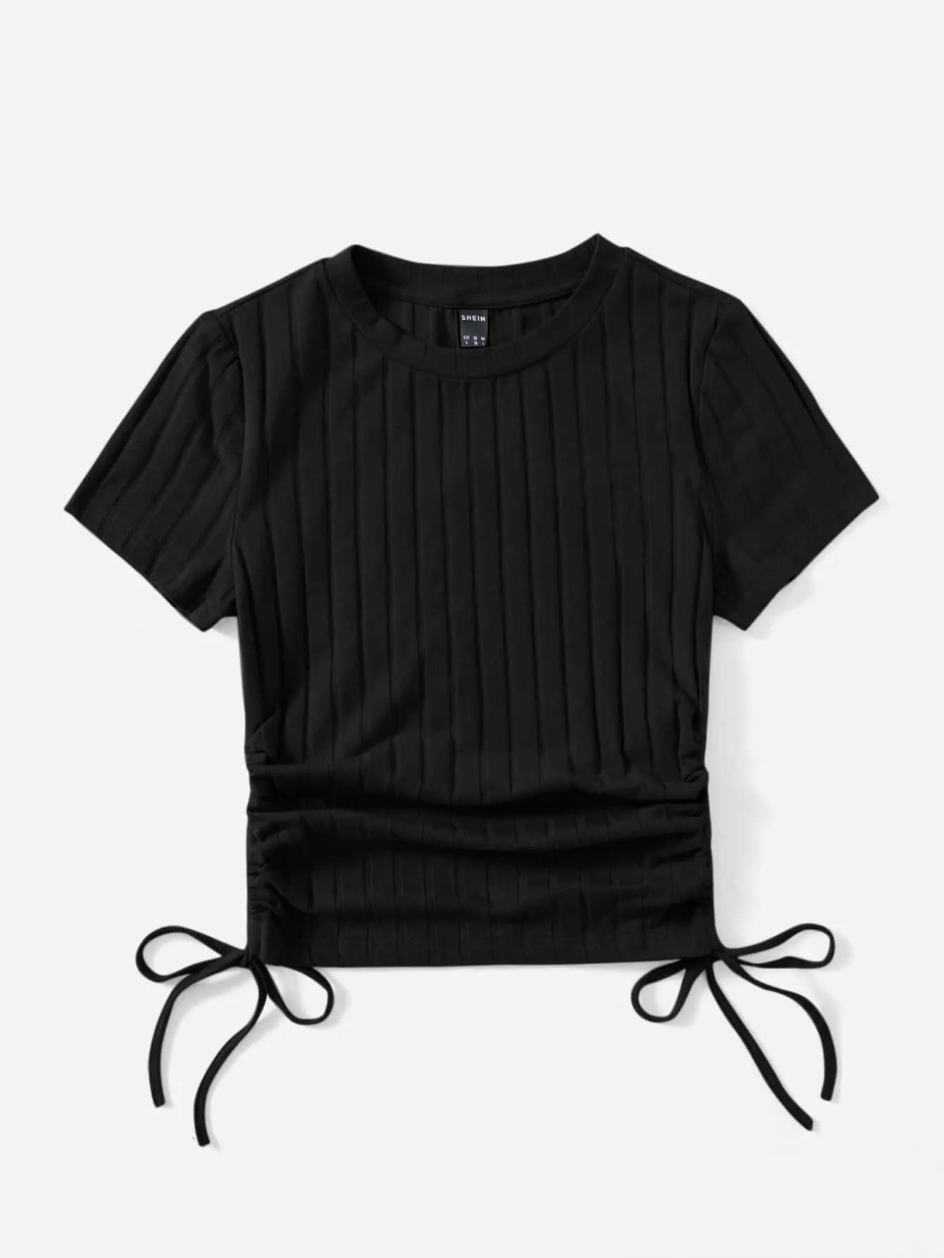 SHEIN Round Neck Short Sleeves Drawstring Ruched Side Rib-Knit Tee