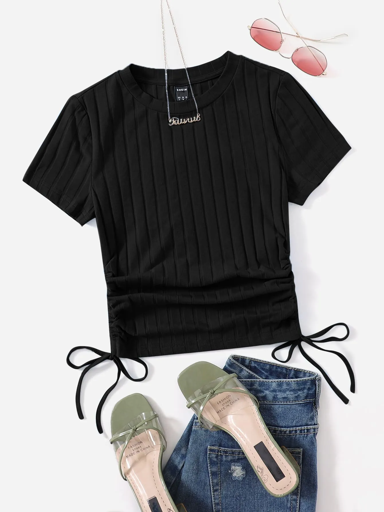 SHEIN Round Neck Short Sleeves Drawstring Ruched Side Rib-Knit Tee