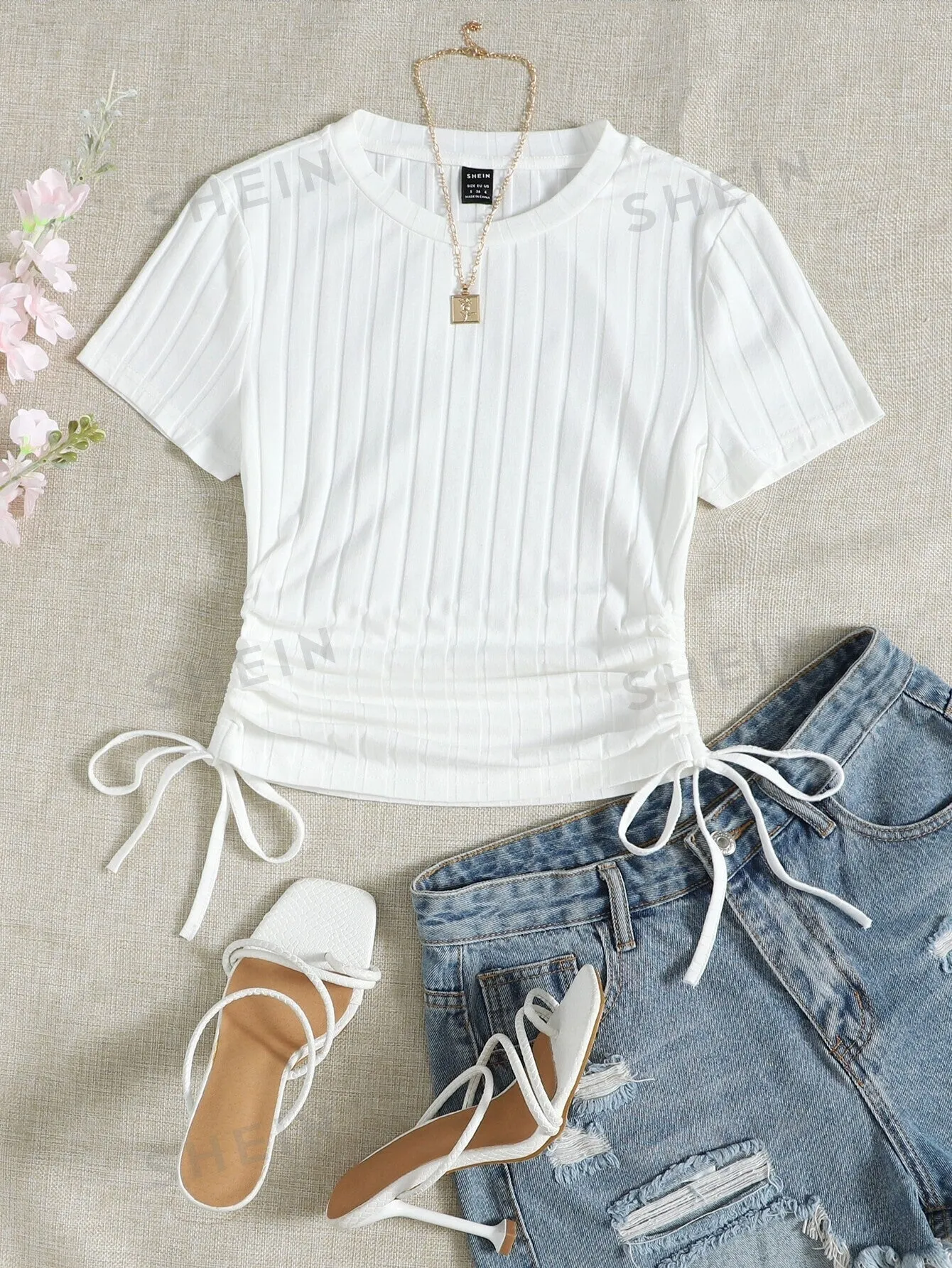 SHEIN Round Neck Short Sleeves Drawstring Ruched Side Rib-Knit Tee