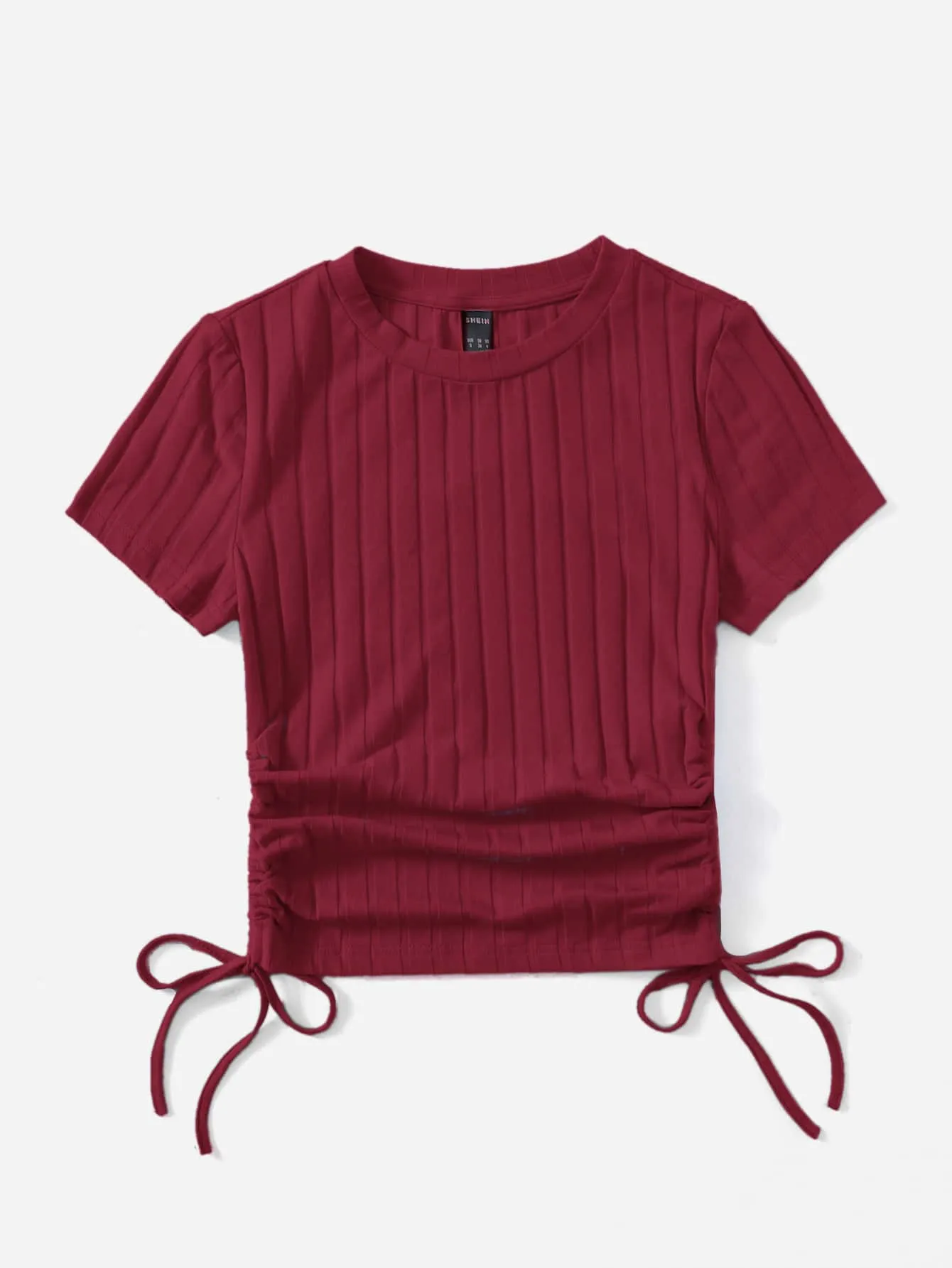 SHEIN Round Neck Short Sleeves Drawstring Ruched Side Rib-Knit Tee