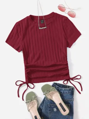 SHEIN Round Neck Short Sleeves Drawstring Ruched Side Rib-Knit Tee