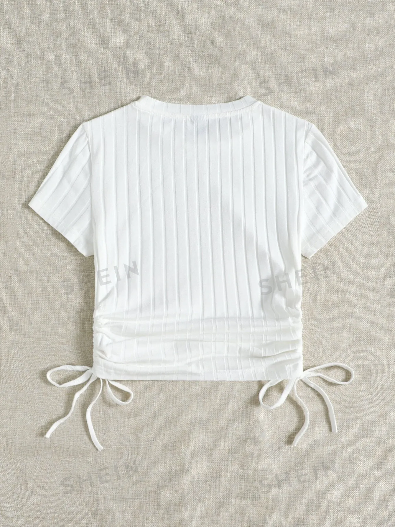 SHEIN Round Neck Short Sleeves Drawstring Ruched Side Rib-Knit Tee