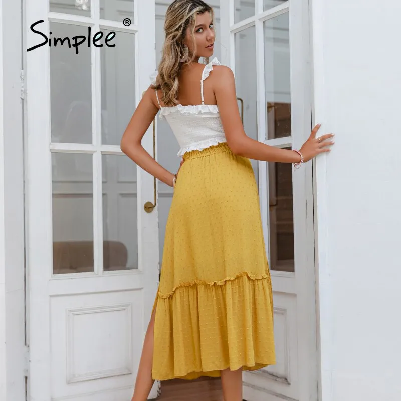 Simplee Boho elegant spring women a line long skirt sash High waist