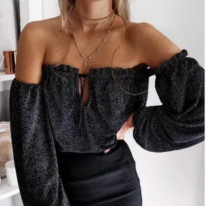 Strapless Long Sleeves Pure Color T-shirt