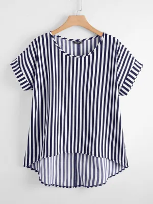 Striped High Low Short Sleeve Round Neck Long Plus Size Blouse