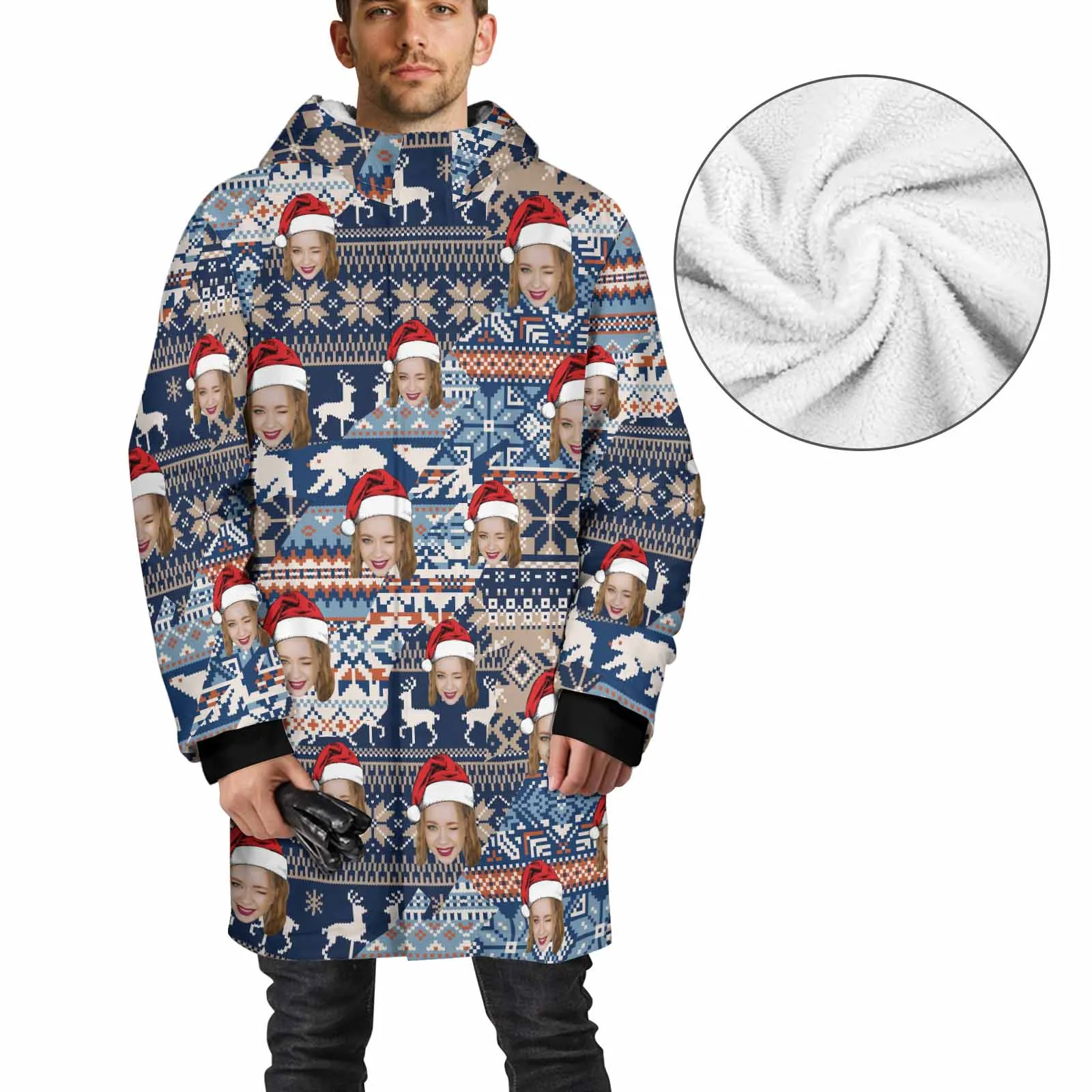 [Thick and Warm] Custom Face Christmas Elk Mid-length Fleece-lined Jacket Men's Full Zip Hoodie