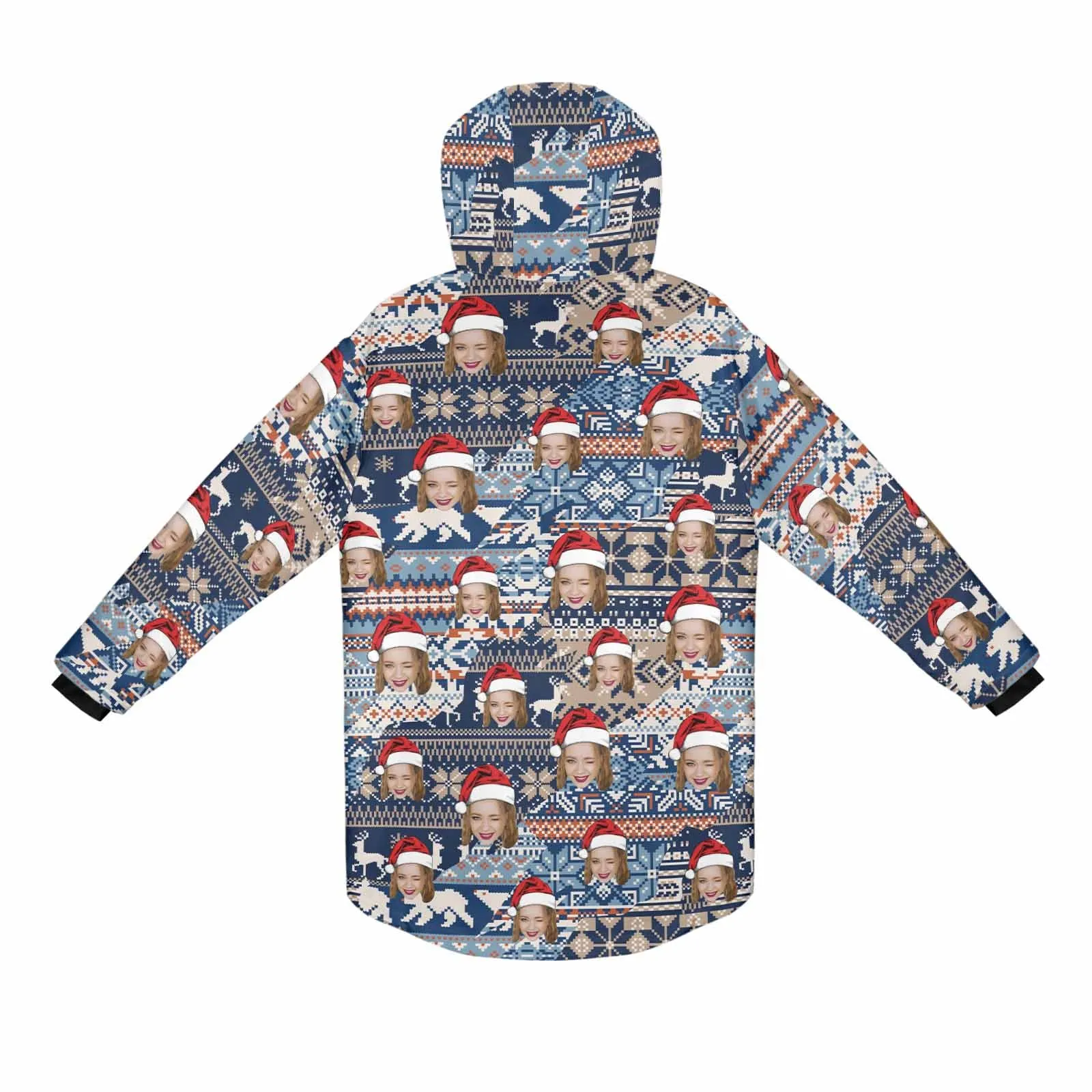 [Thick and Warm] Custom Face Christmas Elk Mid-length Fleece-lined Jacket Men's Full Zip Hoodie