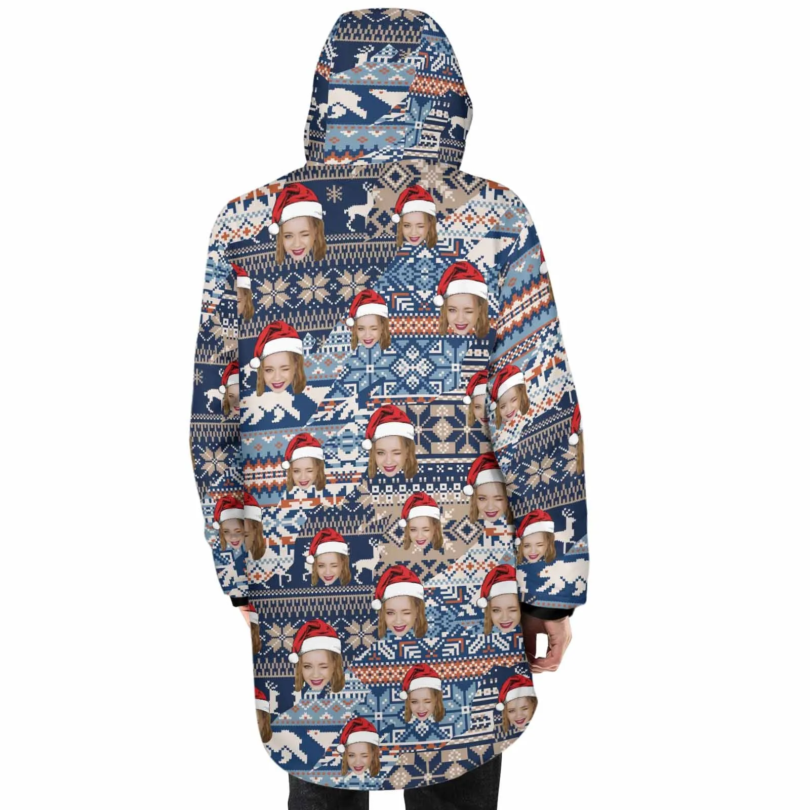 [Thick and Warm] Custom Face Christmas Elk Mid-length Fleece-lined Jacket Men's Full Zip Hoodie