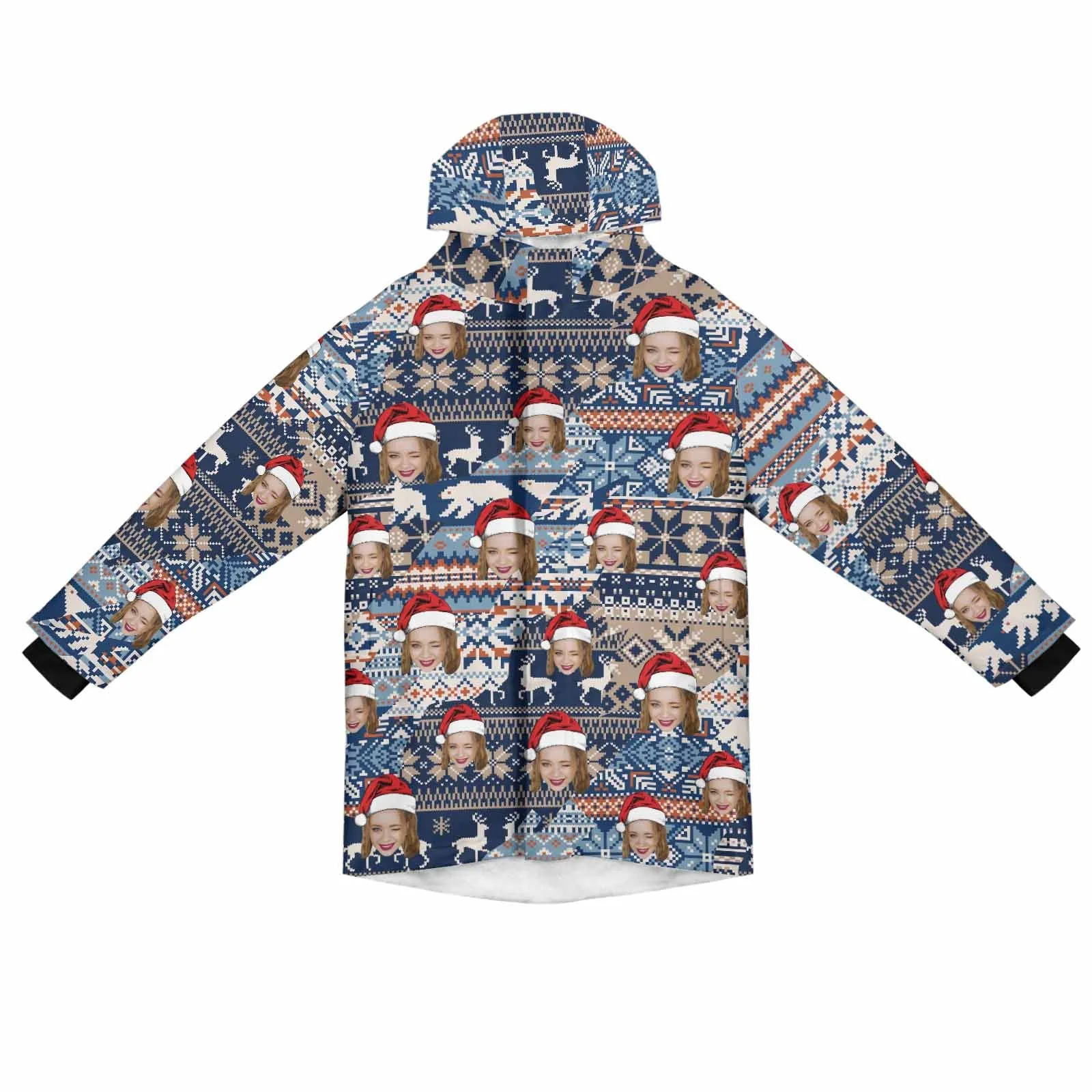 [Thick and Warm] Custom Face Christmas Elk Mid-length Fleece-lined Jacket Men's Full Zip Hoodie