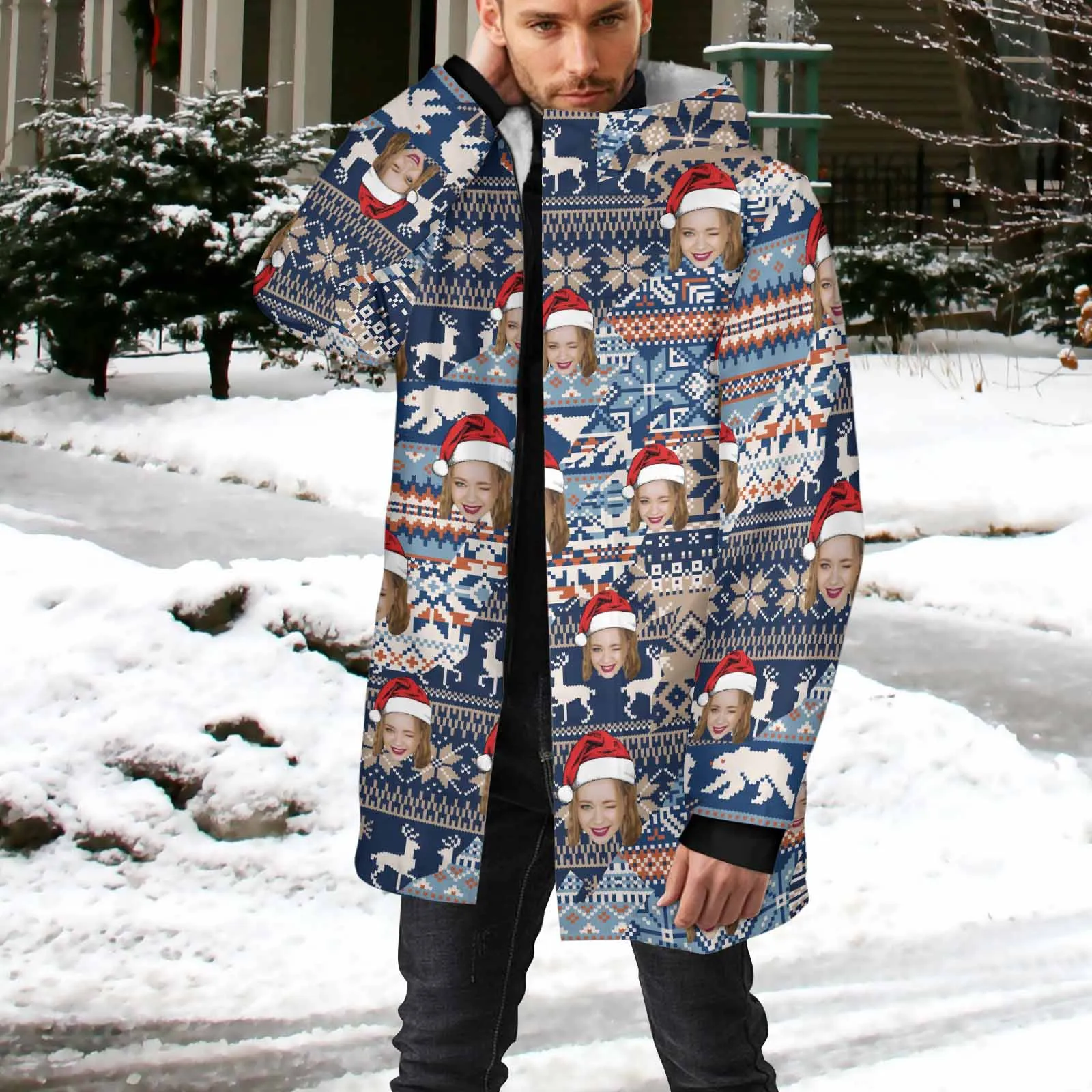[Thick and Warm] Custom Face Christmas Elk Mid-length Fleece-lined Jacket Men's Full Zip Hoodie