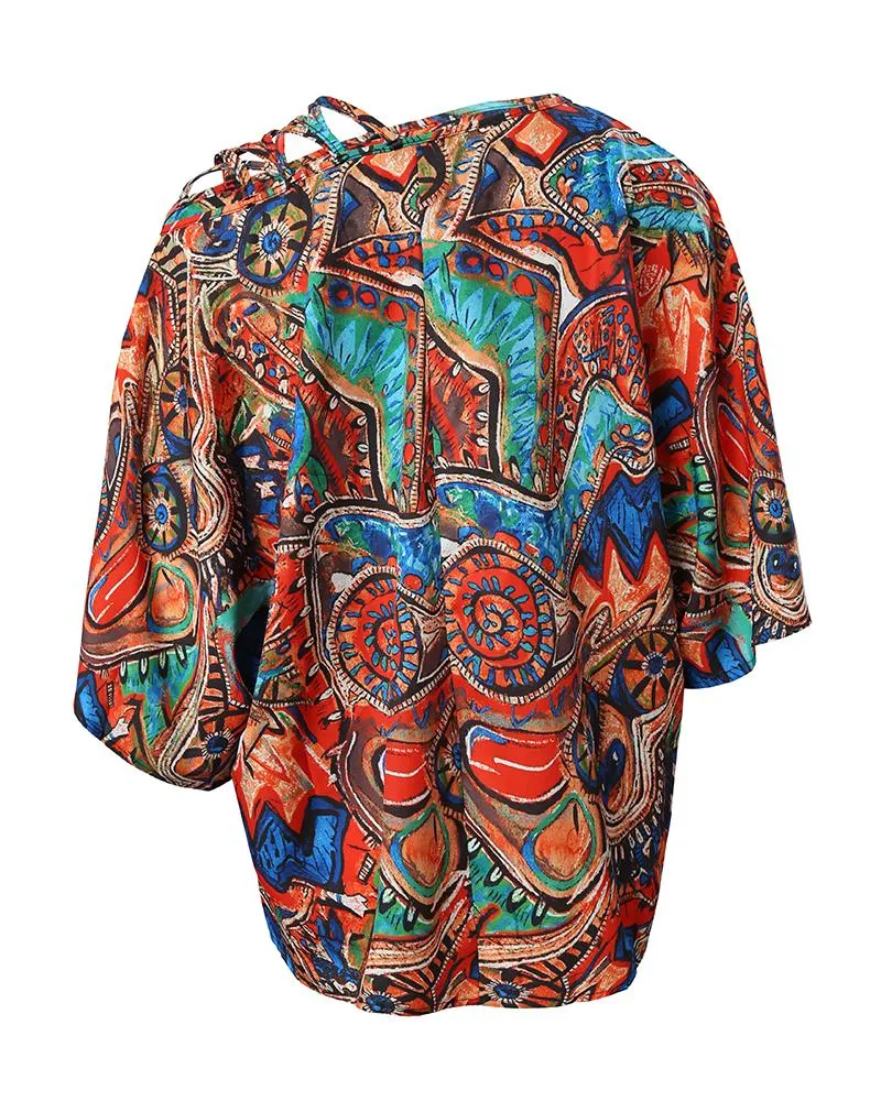 Tribal Print Cold Shoulder Bell Sleeve Top