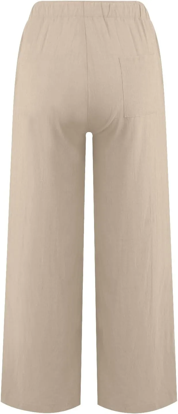 Wide Leg Linen Pants For Women Summer Boho High Elastic Waist Lounge Trouser Drawstring Casual Baggy Palazzo Pants