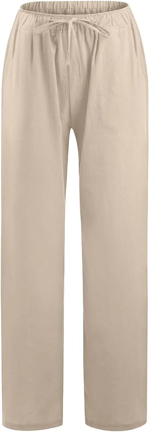 Wide Leg Linen Pants For Women Summer Boho High Elastic Waist Lounge Trouser Drawstring Casual Baggy Palazzo Pants