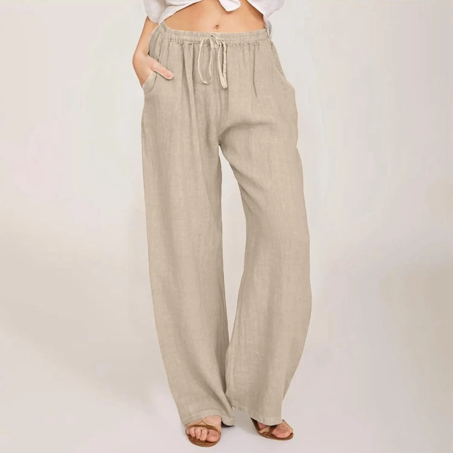 Wide Leg Linen Pants For Women Summer Boho High Elastic Waist Lounge Trouser Drawstring Casual Baggy Palazzo Pants