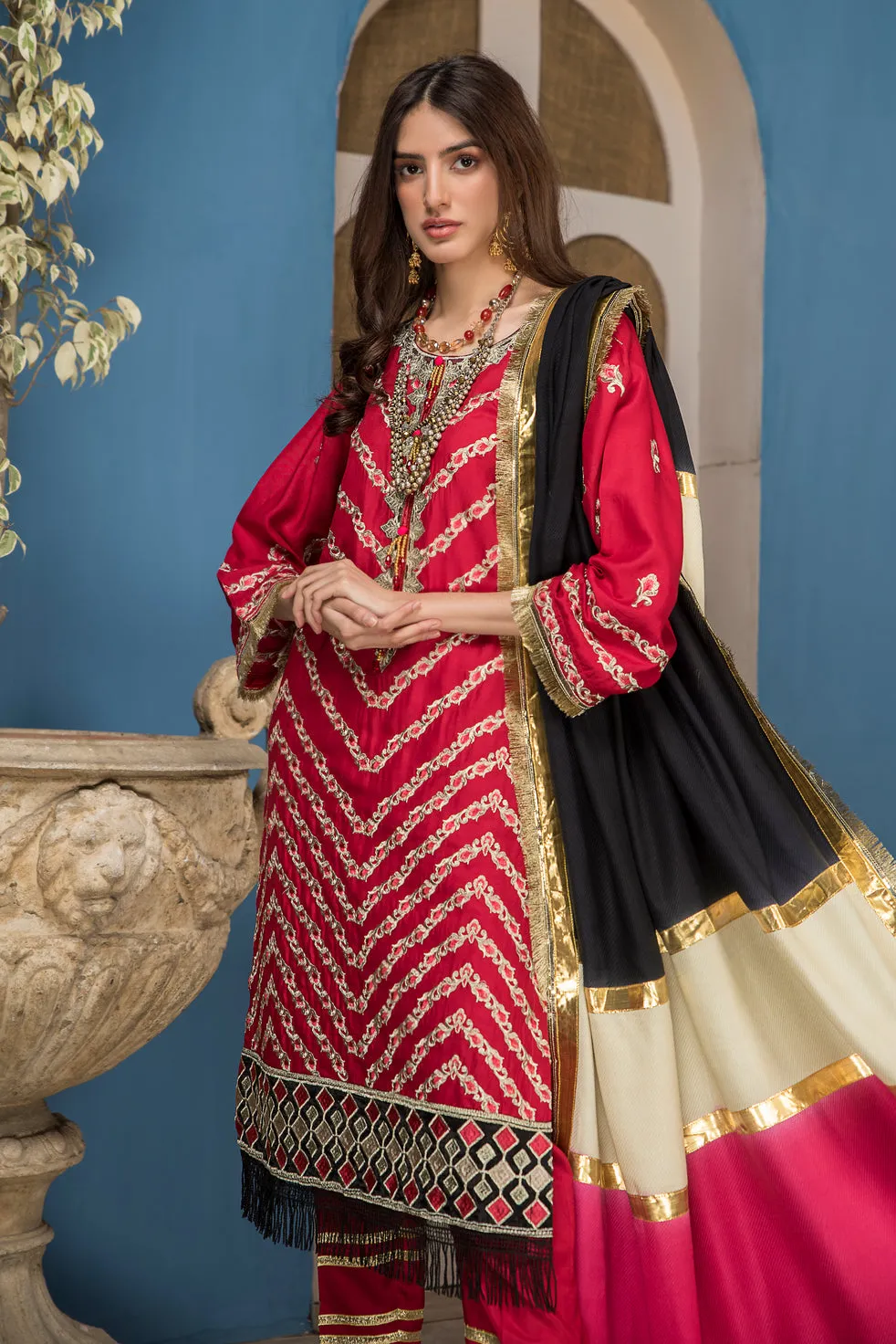 Winter Ready to Wear 3pc Embroidered Dress in Linen with wool shawl 06