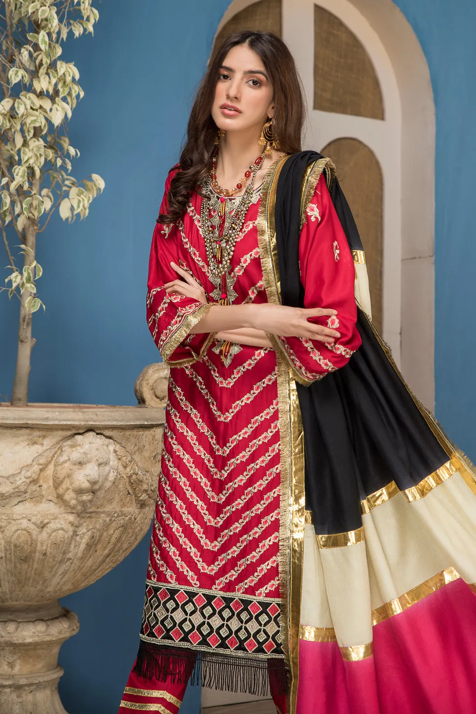 Winter Ready to Wear 3pc Embroidered Dress in Linen with wool shawl 06