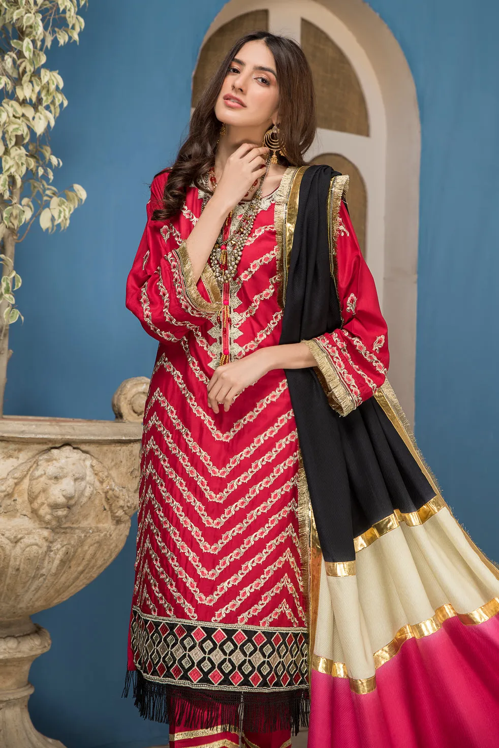 Winter Ready to Wear 3pc Embroidered Dress in Linen with wool shawl 06