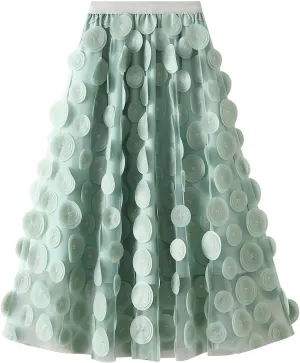 Women 3D Polka Tulle Maxi Skirts Dot Elastic Waist A Lined Sheer Mesh Mid Skirts Formal Flowy Party Clubwear