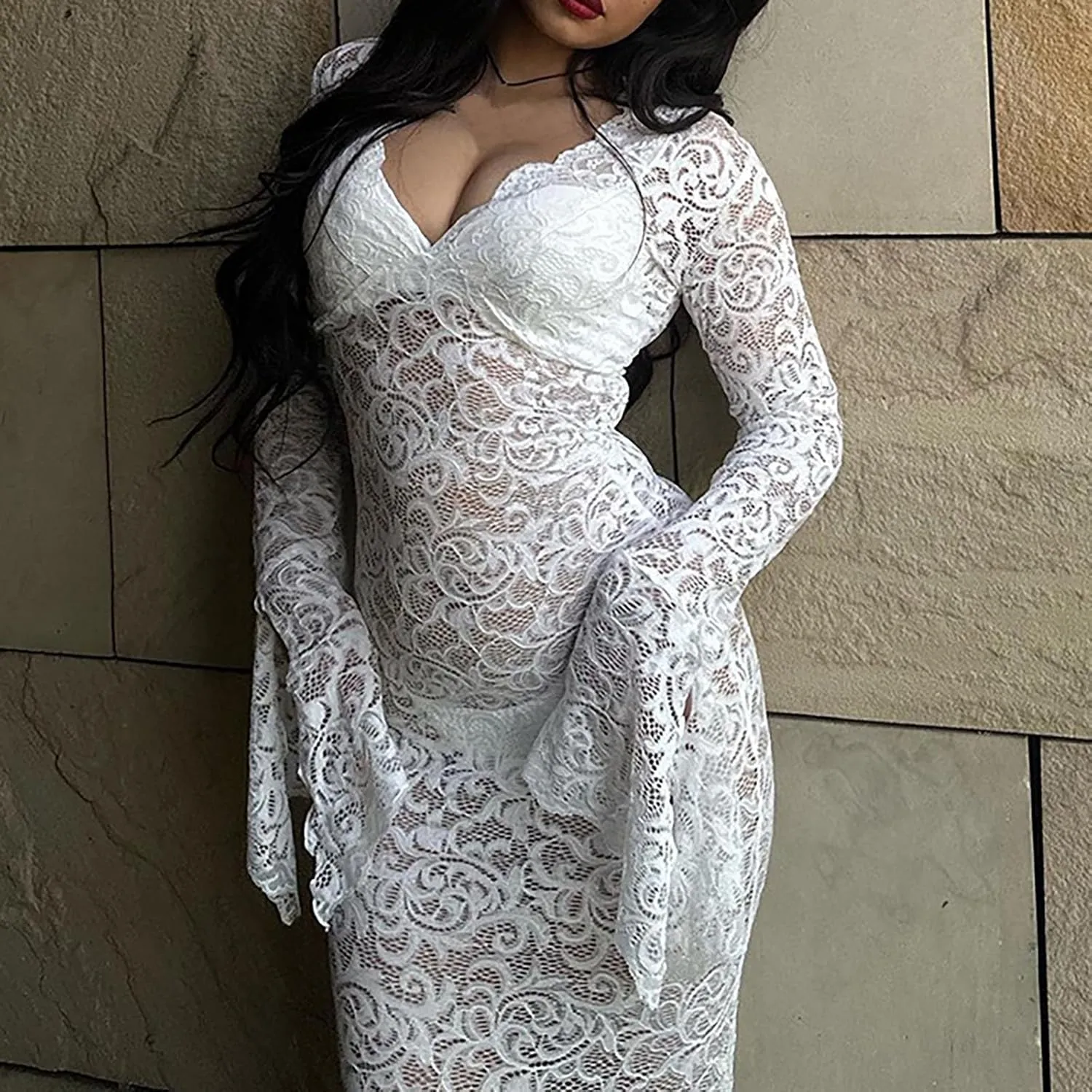 Women Casual Solid Lace Dress Long Irregular Flared Sleeves V Neck Dress Slim Dress Casual Skirts for Women 2024
