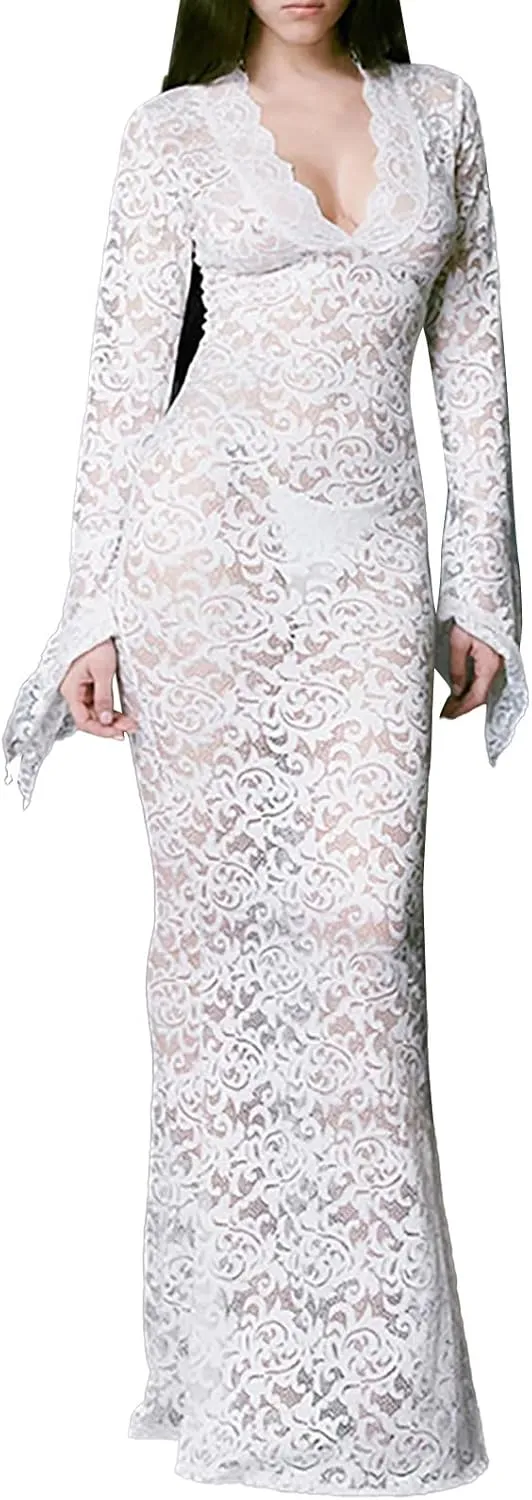 Women Casual Solid Lace Dress Long Irregular Flared Sleeves V Neck Dress Slim Dress Casual Skirts for Women 2024