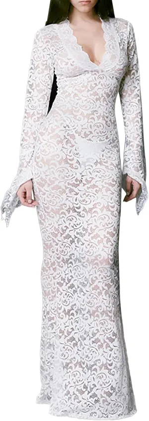 Women Casual Solid Lace Dress Long Irregular Flared Sleeves V Neck Dress Slim Dress Casual Skirts for Women 2024