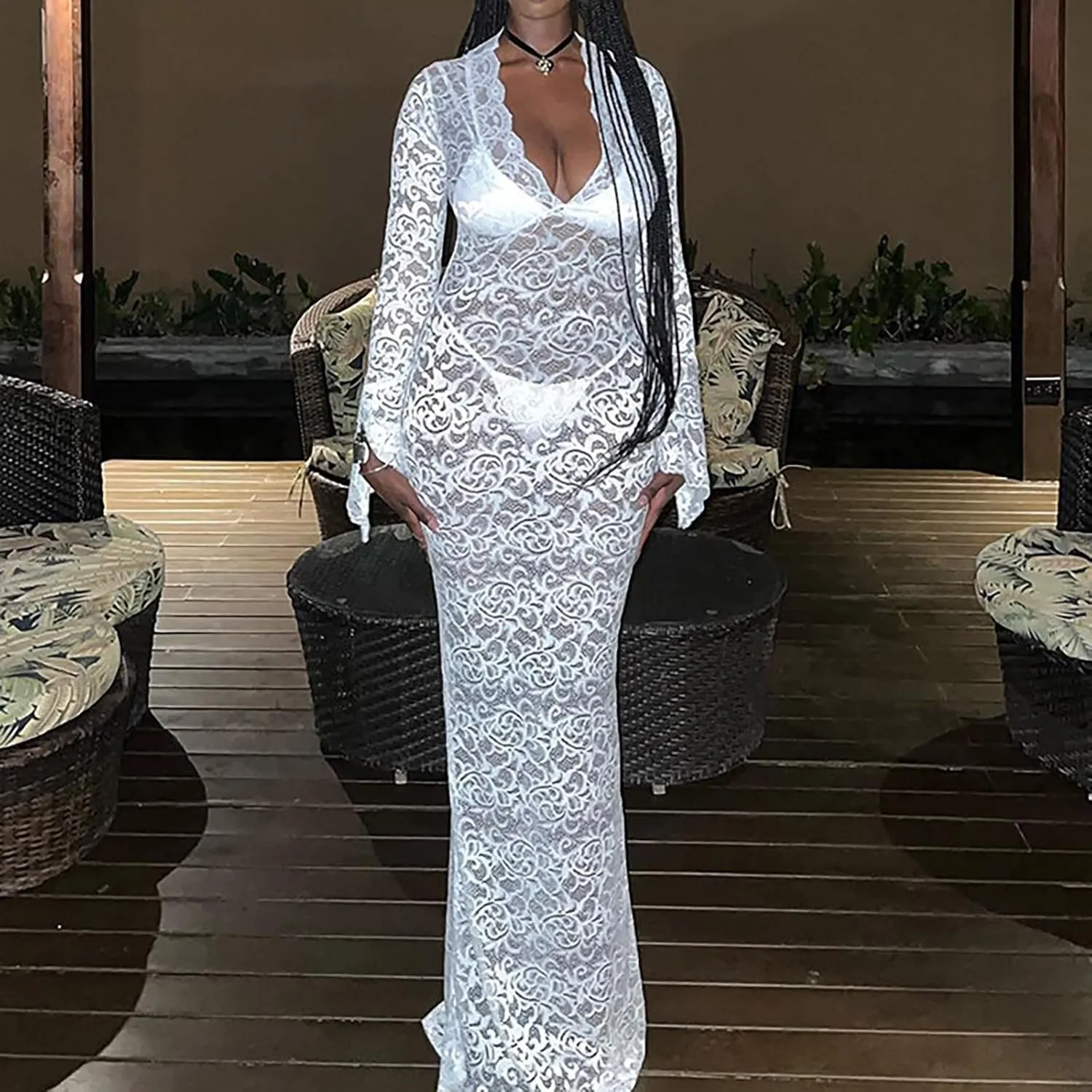 Women Casual Solid Lace Dress Long Irregular Flared Sleeves V Neck Dress Slim Dress Casual Skirts for Women 2024