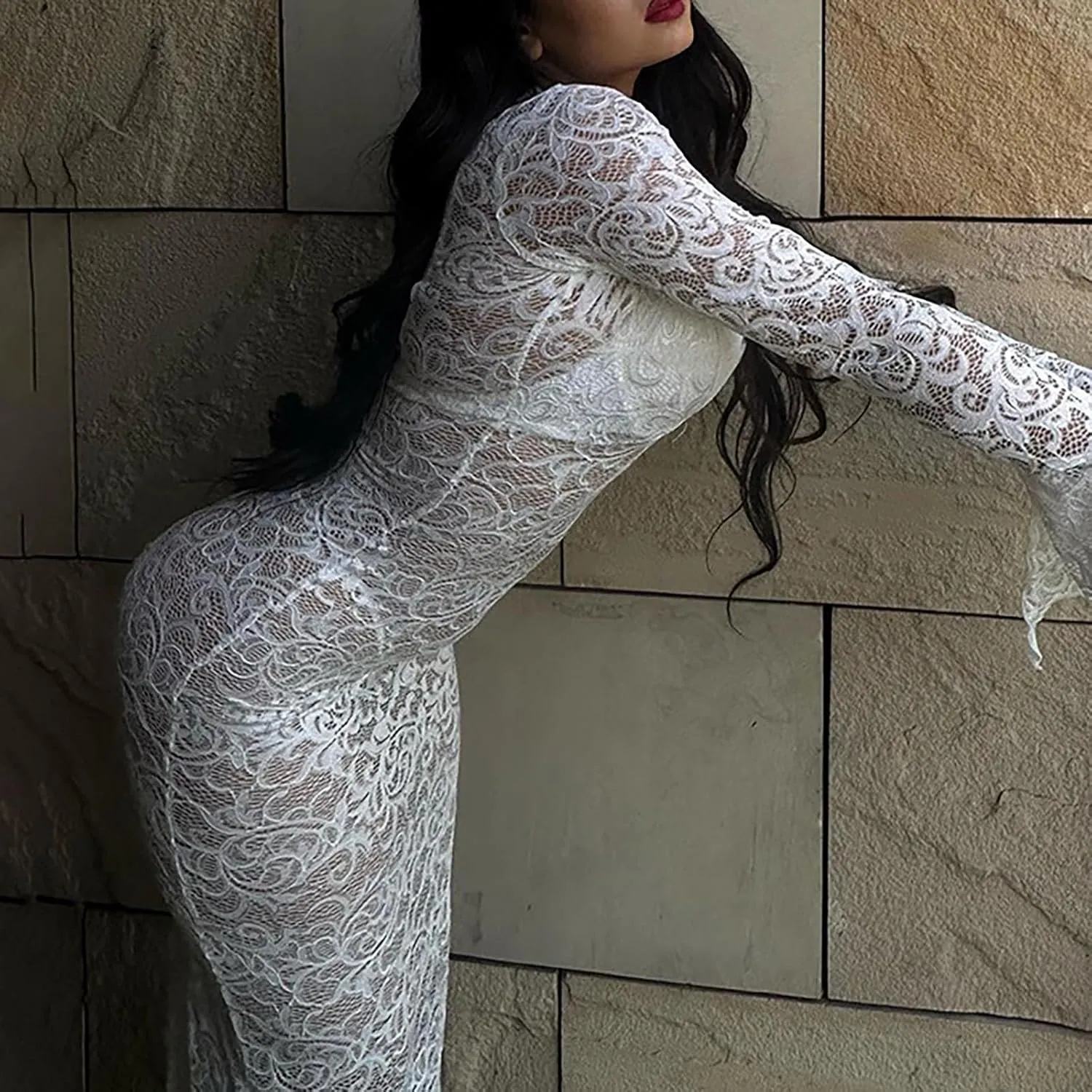 Women Casual Solid Lace Dress Long Irregular Flared Sleeves V Neck Dress Slim Dress Casual Skirts for Women 2024