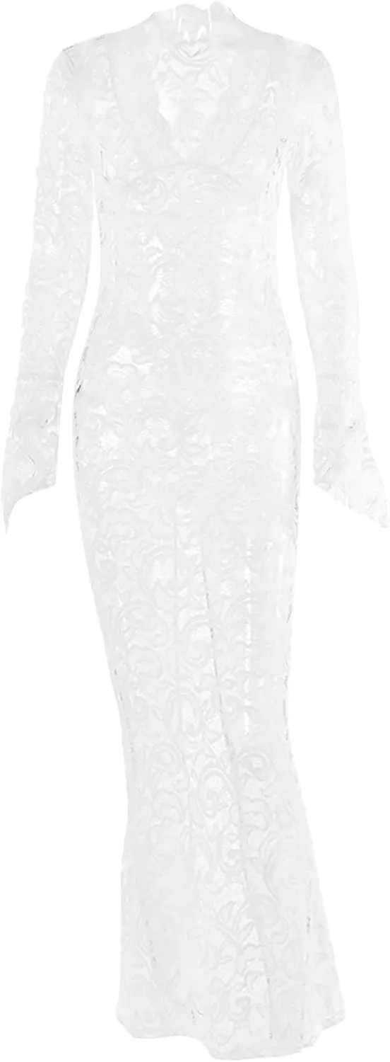 Women Casual Solid Lace Dress Long Irregular Flared Sleeves V Neck Dress Slim Dress Casual Skirts for Women 2024