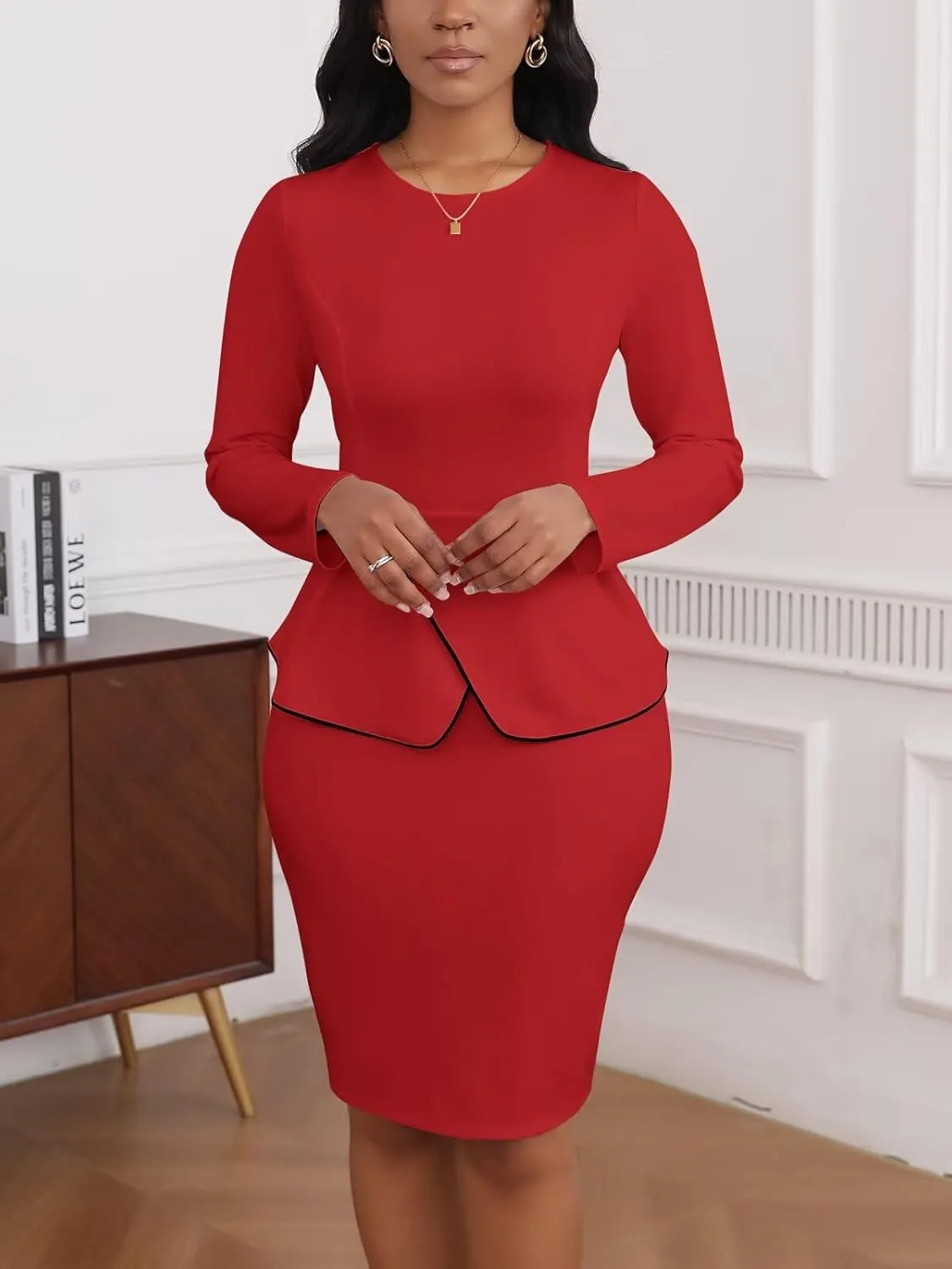 Women's 2 Piece Suit Skirt Set Peplum Long Sleeve Church Dress Suit Formal Office Business Midi Pencil Skirt Suit