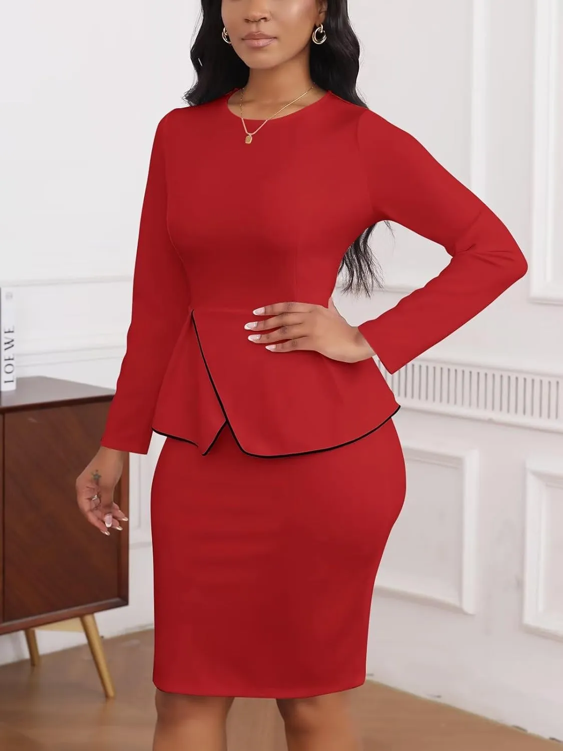 Women's 2 Piece Suit Skirt Set Peplum Long Sleeve Church Dress Suit Formal Office Business Midi Pencil Skirt Suit