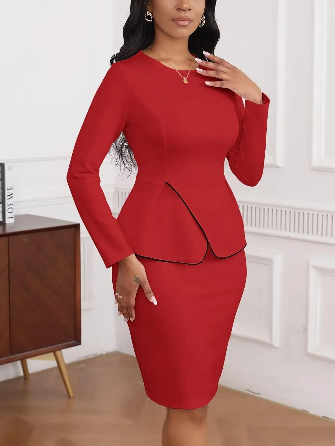 Women's 2 Piece Suit Skirt Set Peplum Long Sleeve Church Dress Suit Formal Office Business Midi Pencil Skirt Suit