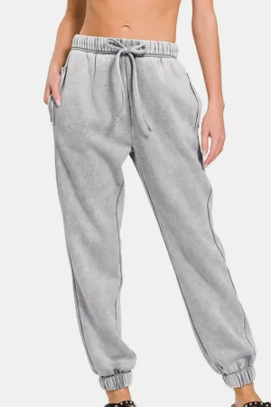 Zenana Acid Wash Fleece Drawstring Sweatpants with Pockets in Sleet Gray